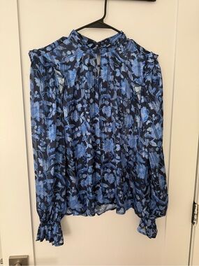 French Connection Navy and Light Blue Floral Ruffle Blouse